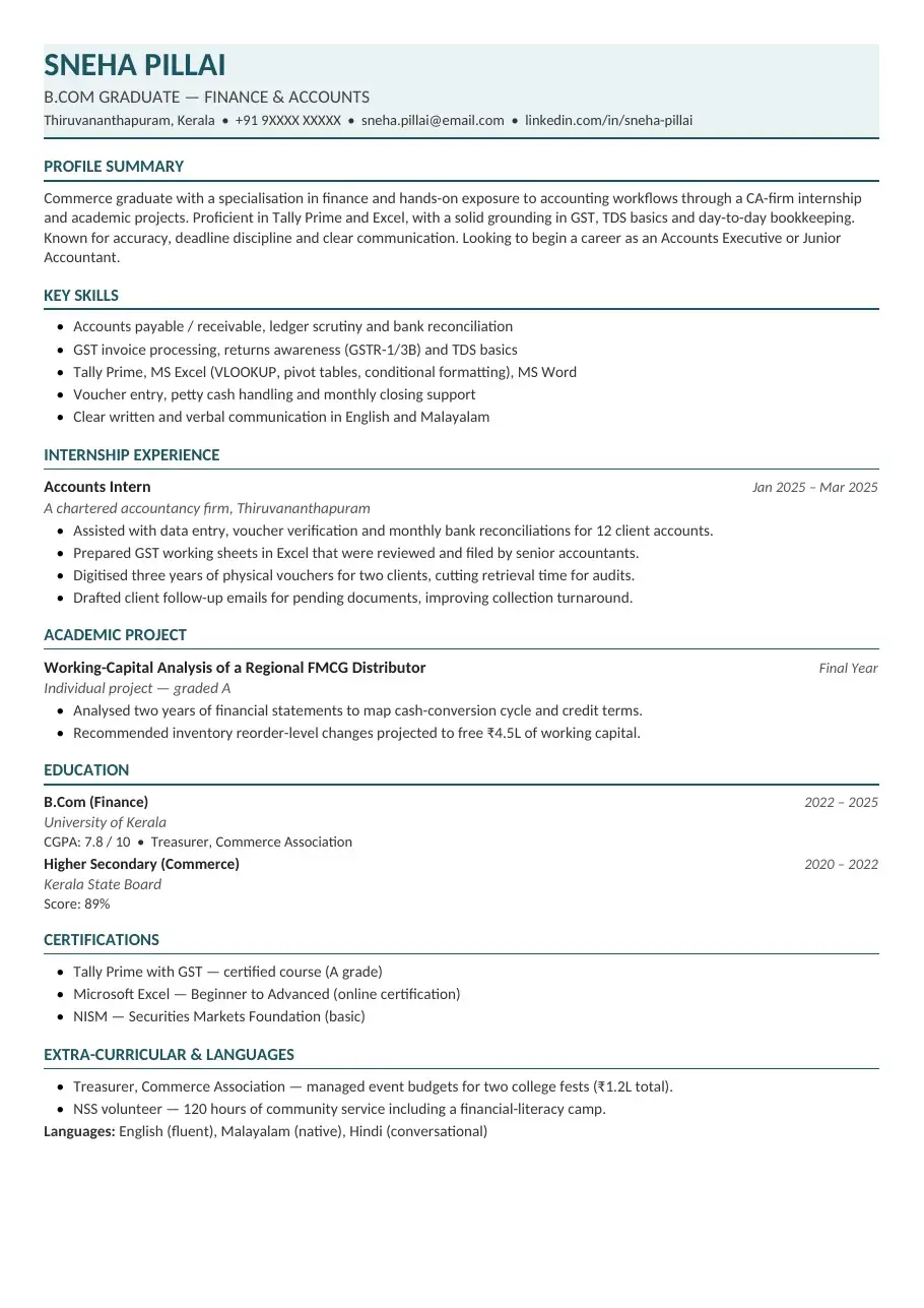 Fresher Spark resume template preview