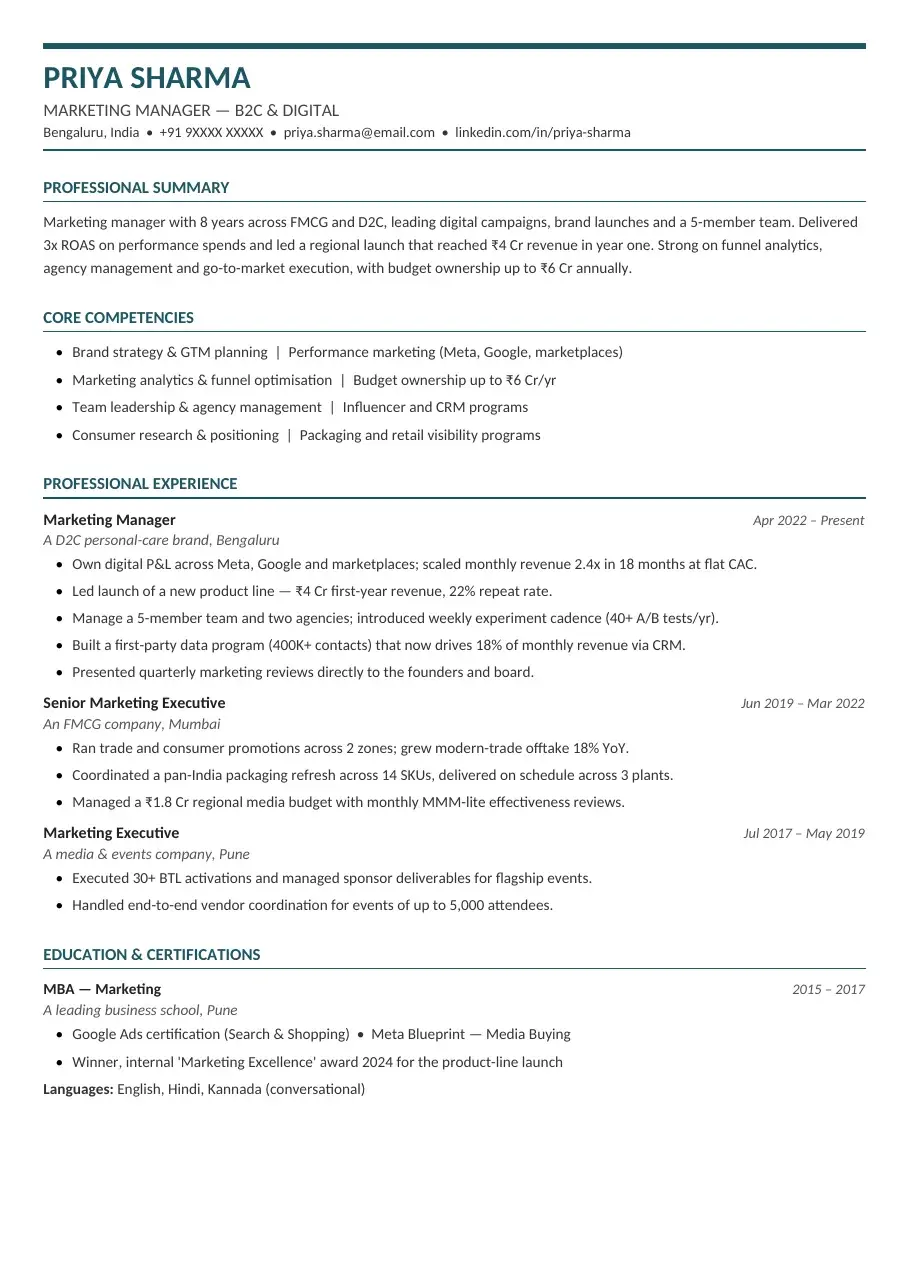 India Corporate Pro resume template preview