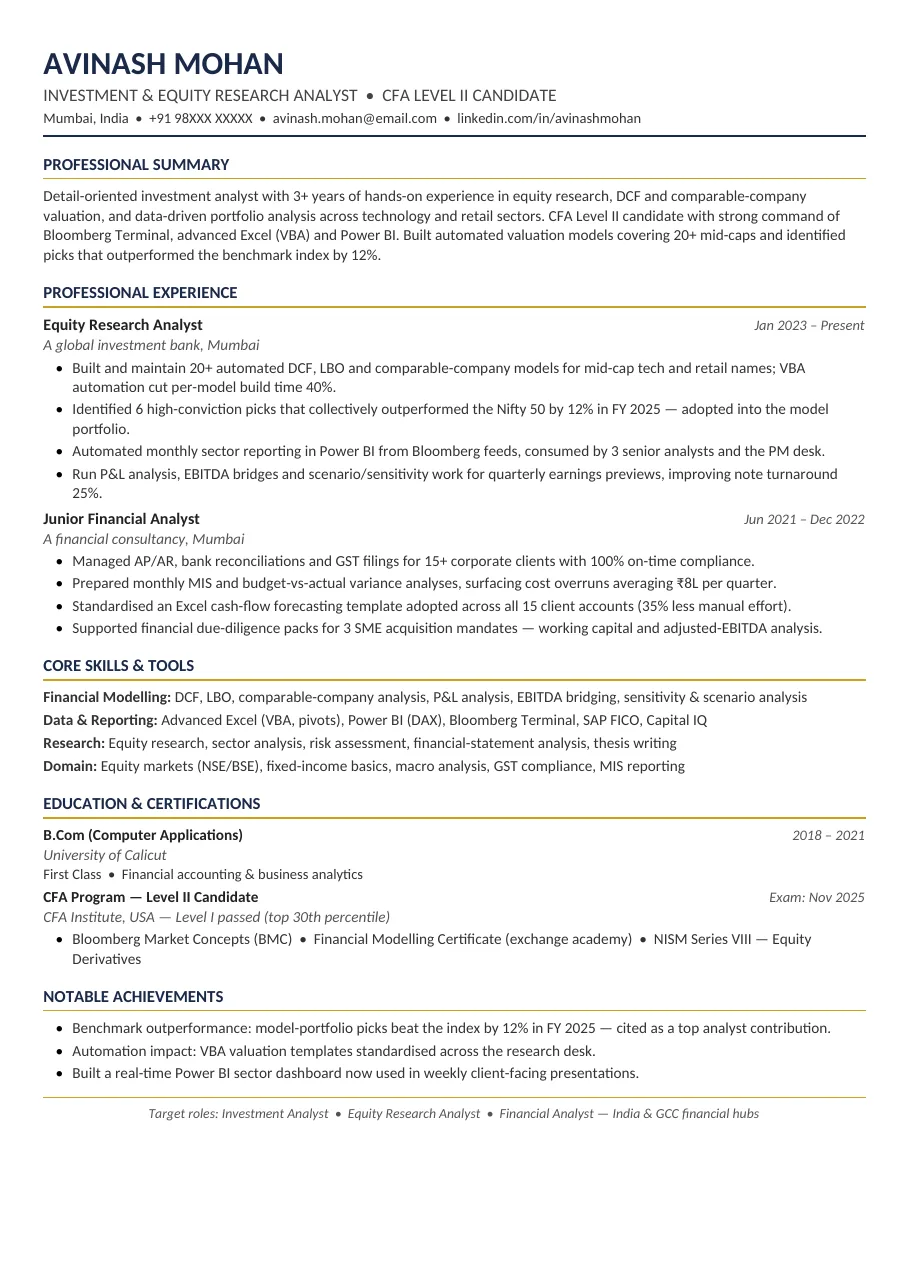 Finance Analyst Prime resume template preview