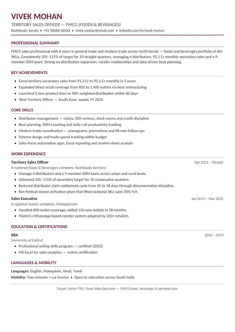 FMCG Sales Pro resume template preview