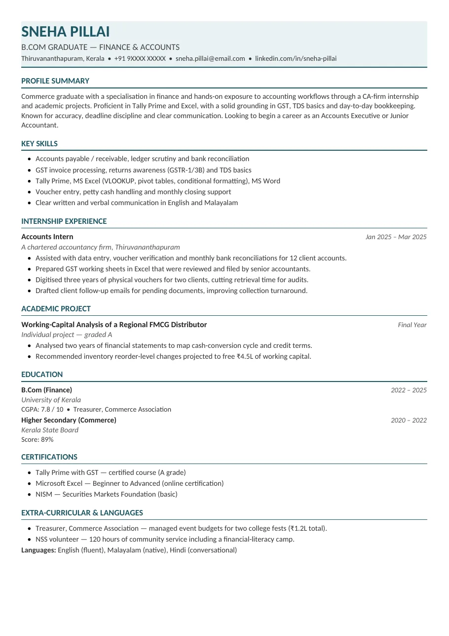 Fresher Spark resume template preview