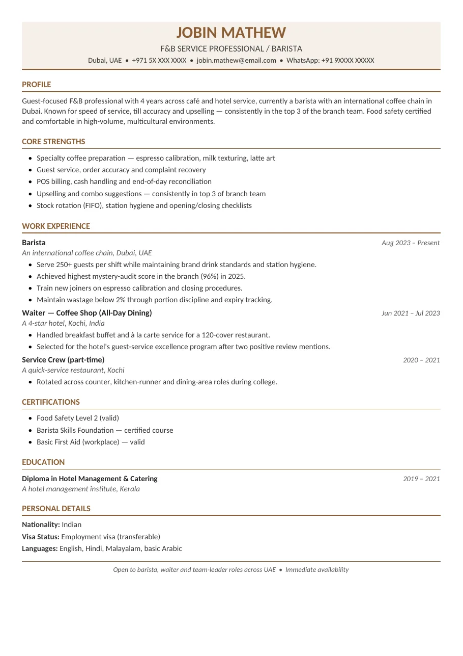 Gulf Hospitality resume template preview