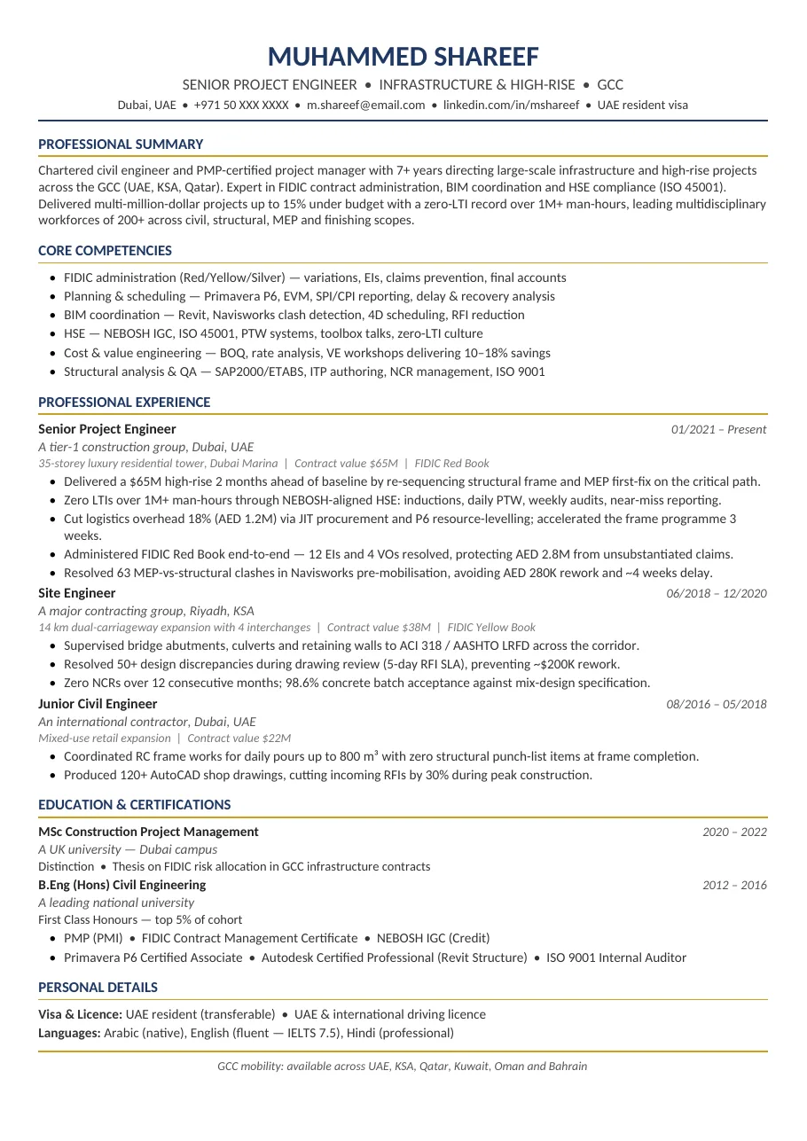 Gulf Project Command resume template preview