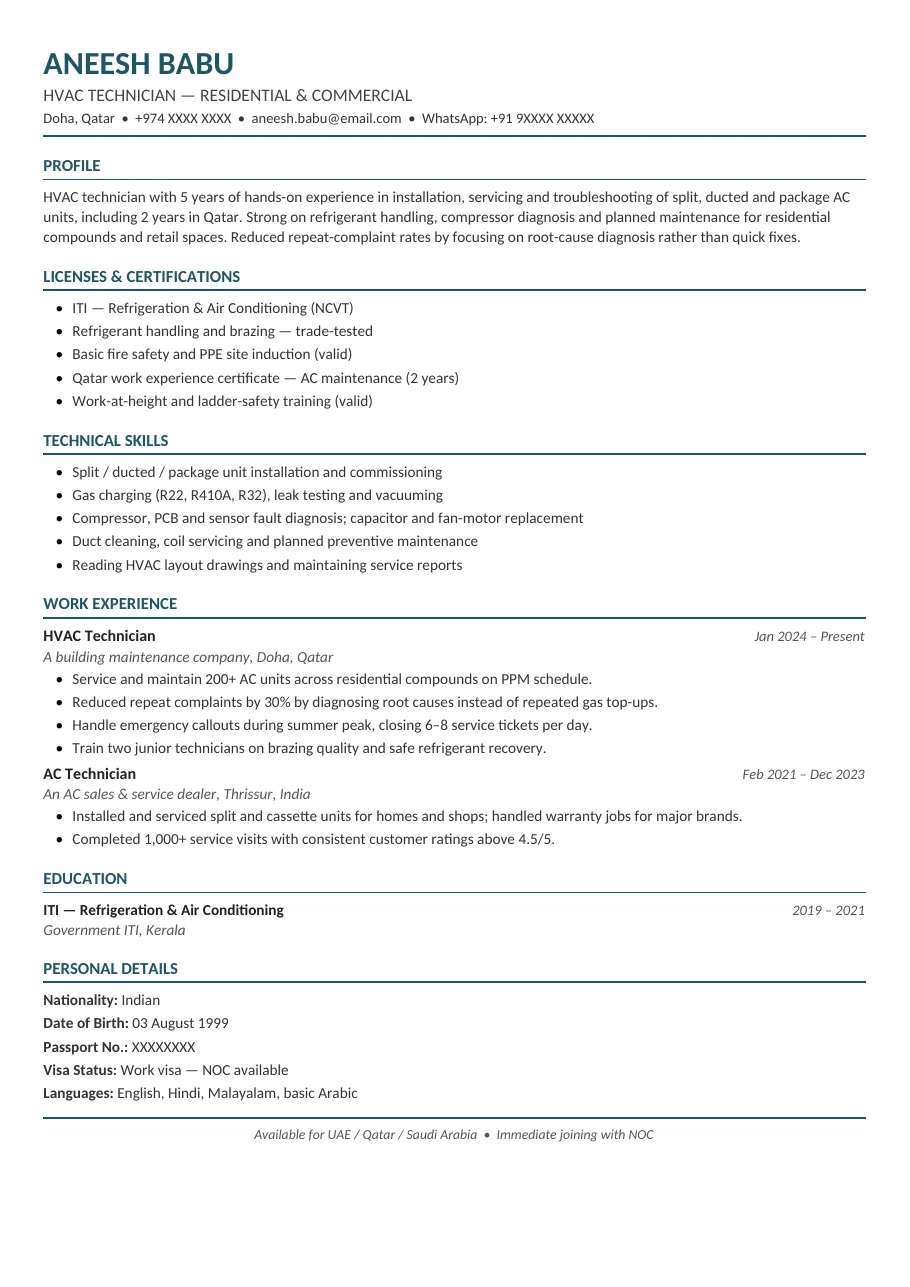 Gulf Technician Pro resume template preview