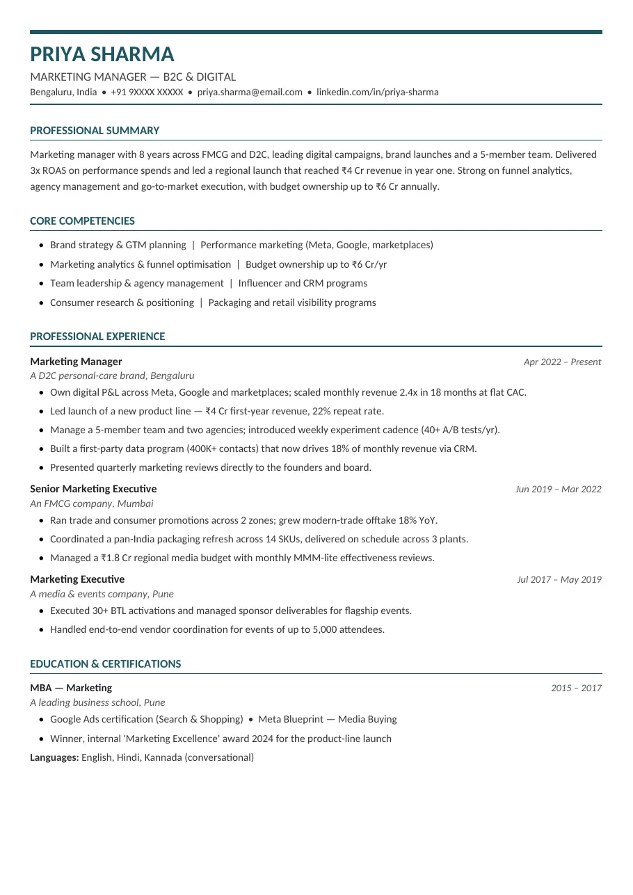 India Corporate Pro resume template preview