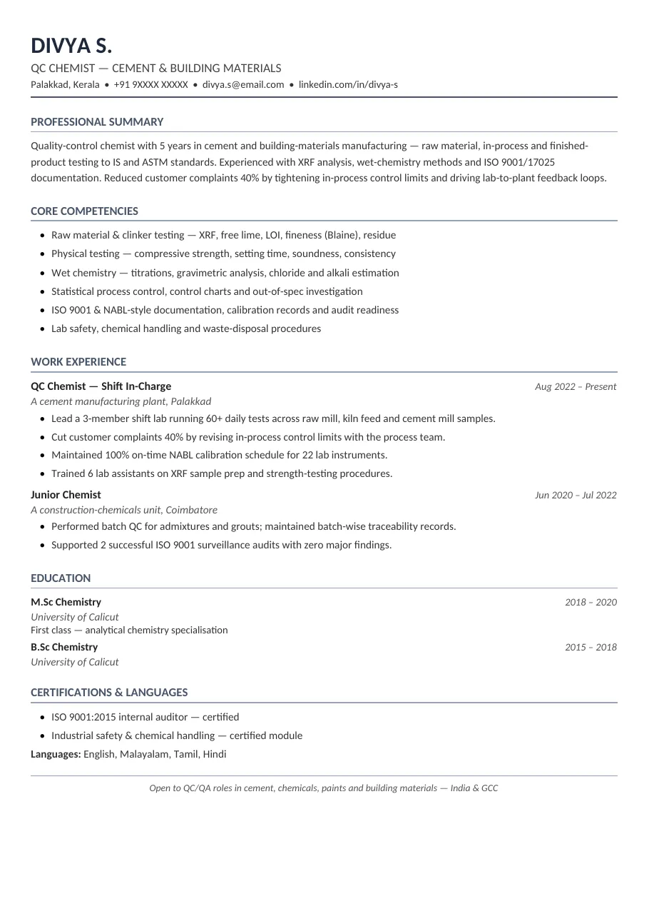 Materials QC Pro resume template preview