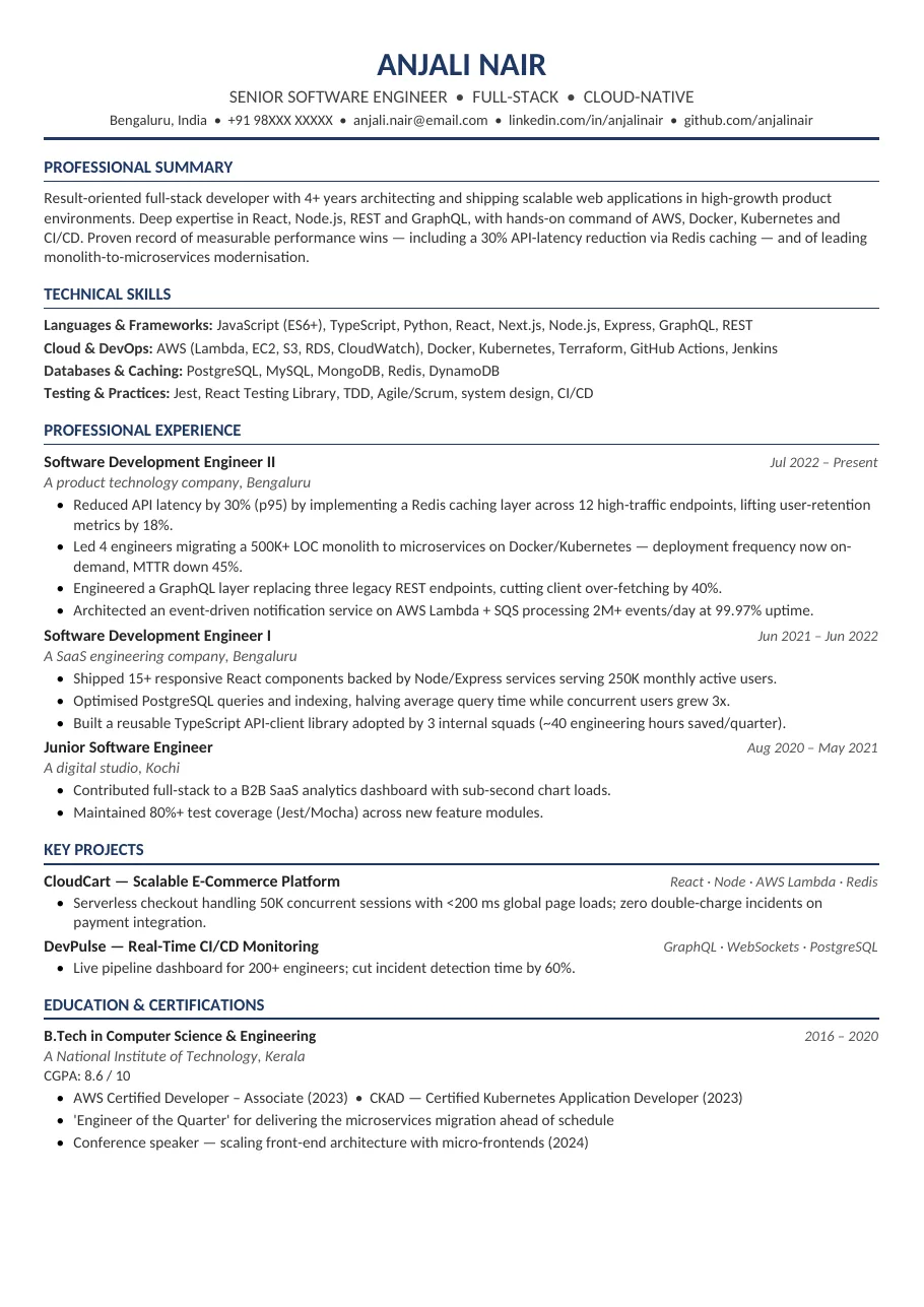 Tech Lead Navy resume template preview